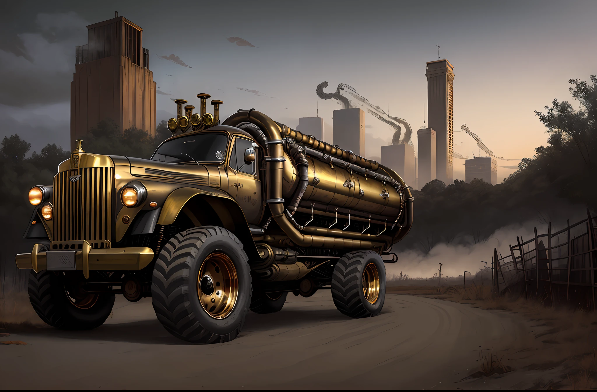 a stunning photo of a steampunk monster truck, side view, brass, steel, pipes