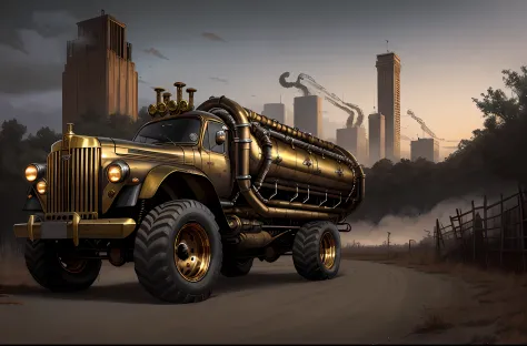 a stunning photo of a steampunk monster truck, side view, brass, steel, pipes