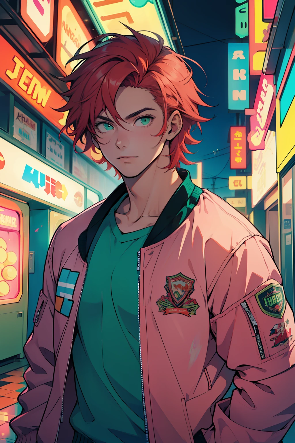 ((melhor qualidade)), ((obra-prima)), (altamente detalhado:1.3) A young man with messy red hair and green eyes wearing a pastel pink bomber jacket in a neon arcade