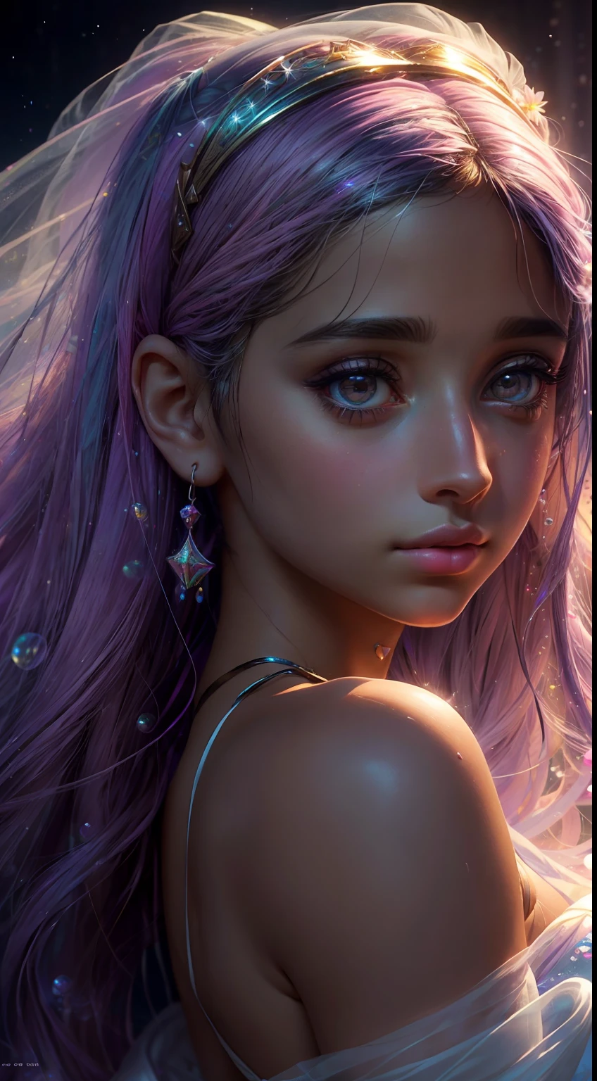 ((masterpiece)). This artwork is sweet, dreamy and ethereal, with soft pink watercolor hues and candy accents. Generate a delicate and demure fae exploring a (bubblegum world with a wide variety of pastel shades). Her sweet face is extremely detailed and realistic with elegant features and a fierce expression, and looks like ((((naomi scott)))). Include mature features and stunning, highly realistic eyes. Her eyes are important and should be realistic, highly detailed, and beautiful. In high definition and detail, include lots of details like stars, galaxies, colorful bubbles, colorful petals, and lots of energy and emotion! The stars and colorful bubblegum bubbles are important! Include fantasy details, enhanced details, iridescence, colorful glittering wind, and pollen. Pay special attention to her face and make sure it is beautifully and realistically detailed. The image should be dreamy and ethereal.8k, intricate, elegant, highly detailed, majestic, digital photography