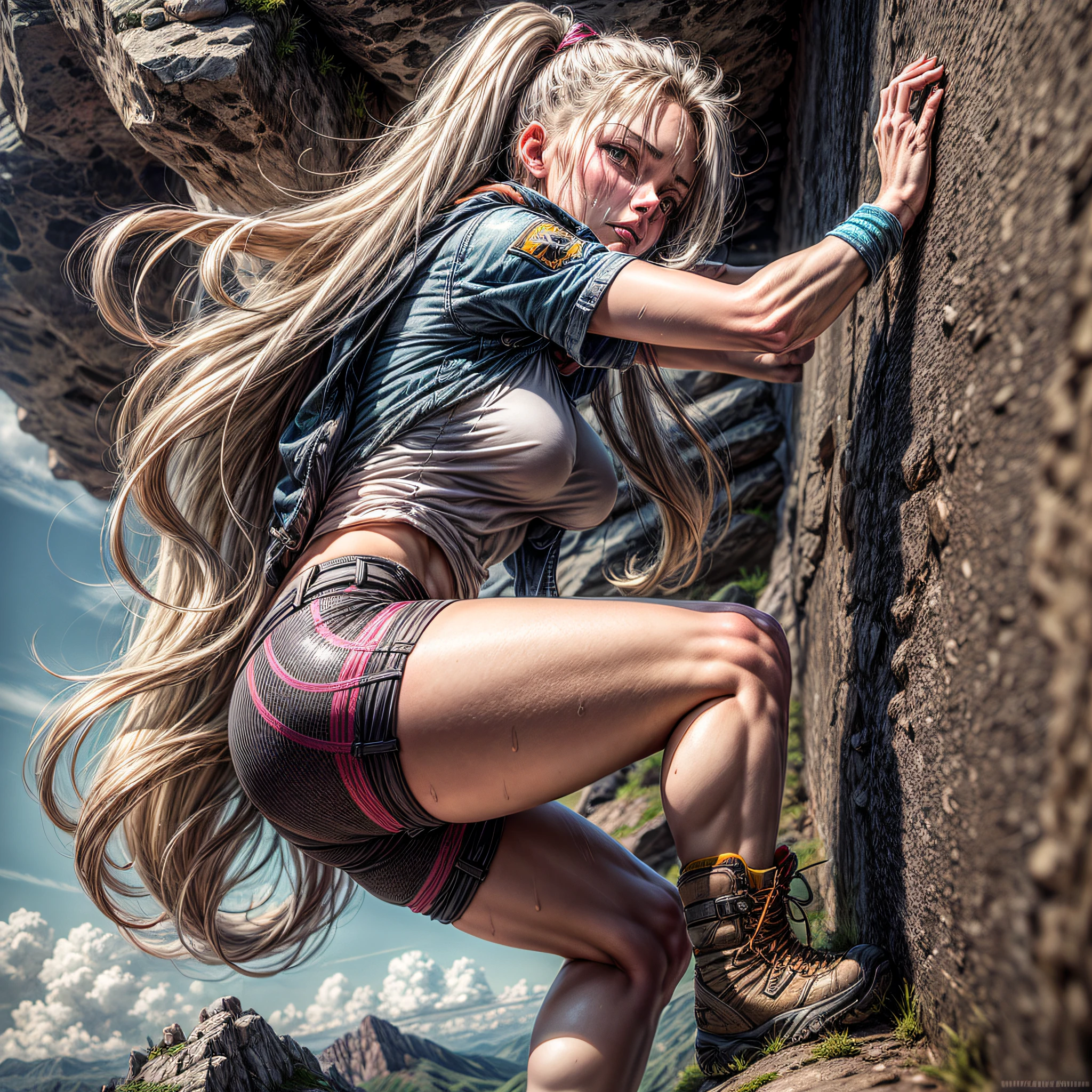 masterpiece, best_quality, 1girl, long blonde hair, solo, beautiful military woman clinging to a cliff wall doing mountain climbing, with torn clothes, clothes in pieces, remnants of clothes, sweat, excessive sweat, sweaty body, drops of sweat on the body , hair showing, climber's boot, black hair, well-defined thighs, boot sole, back view, low angle, isometric perspective, extreme detail on energy expended to climb the wall