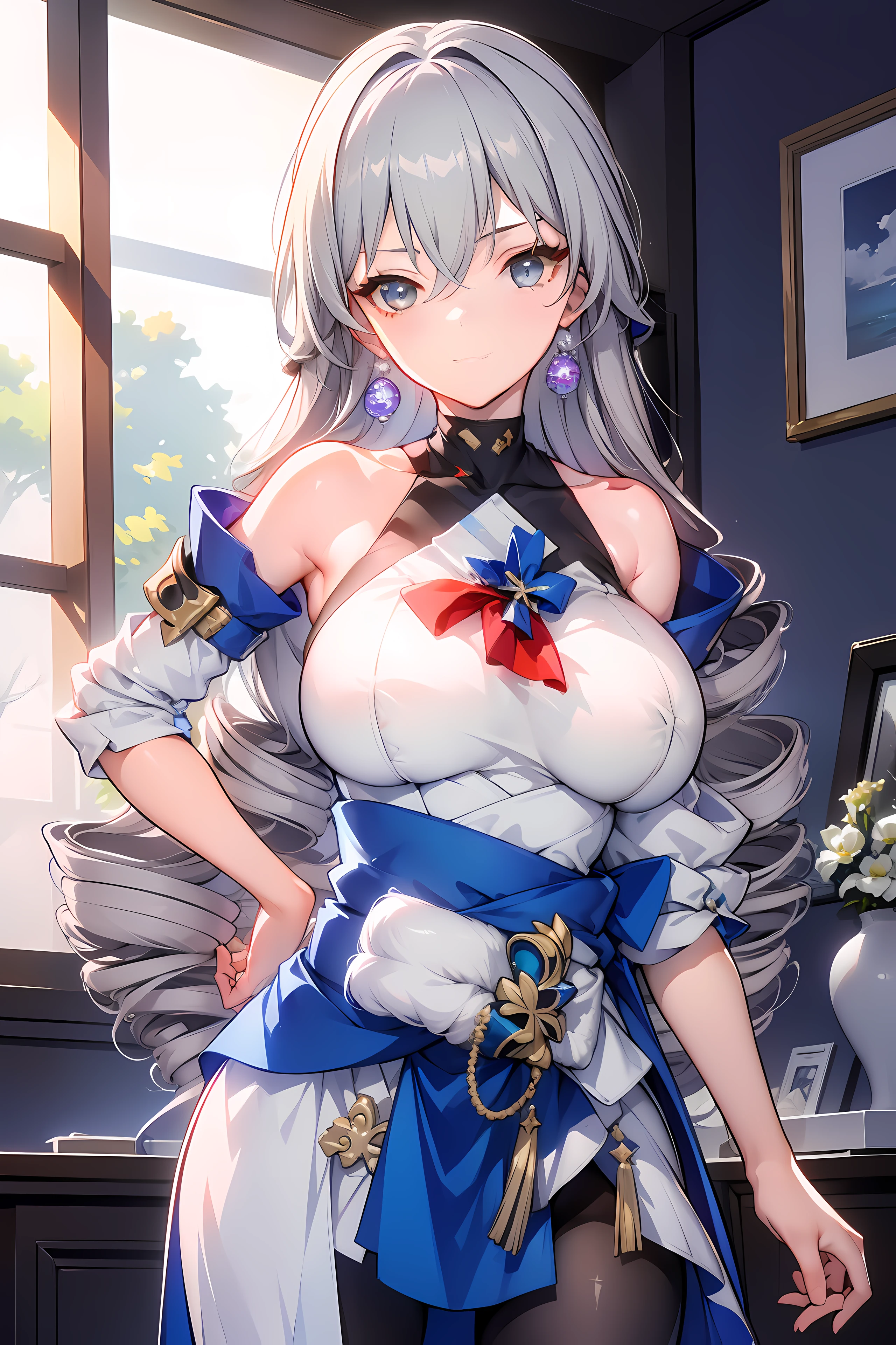 (masterpiece),best quality, expressive eyes, perfect face, 1girl,
big breast, H-cup, good breast, beautiful, gorgeous,anime,girl,lora, 
 nipple visible  though clothes,ph bronya,
1girl,
solo,
earrings,
long hair,
grey hair,
drill hair,
grey eyes,pantyhose,hands on waist hands on hips
