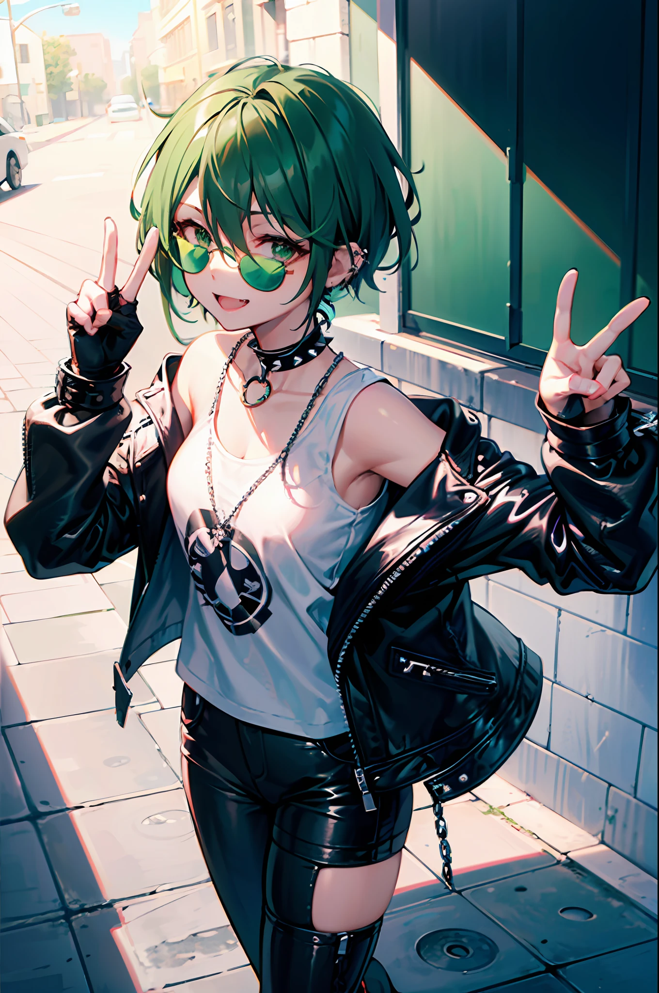 girl, (emerald green short hairstyle), ((aviator sunglasses)), (((tomboy))), big smile, street bandit clothes, leather jacket, White T-shirt, small breasts, black leather jacket, street bandit pants with silver chain, spiked choker, piercing ears, Fingerless gloves, peace sigh, against the beach, glasses lowered, easy for live2D, flat art