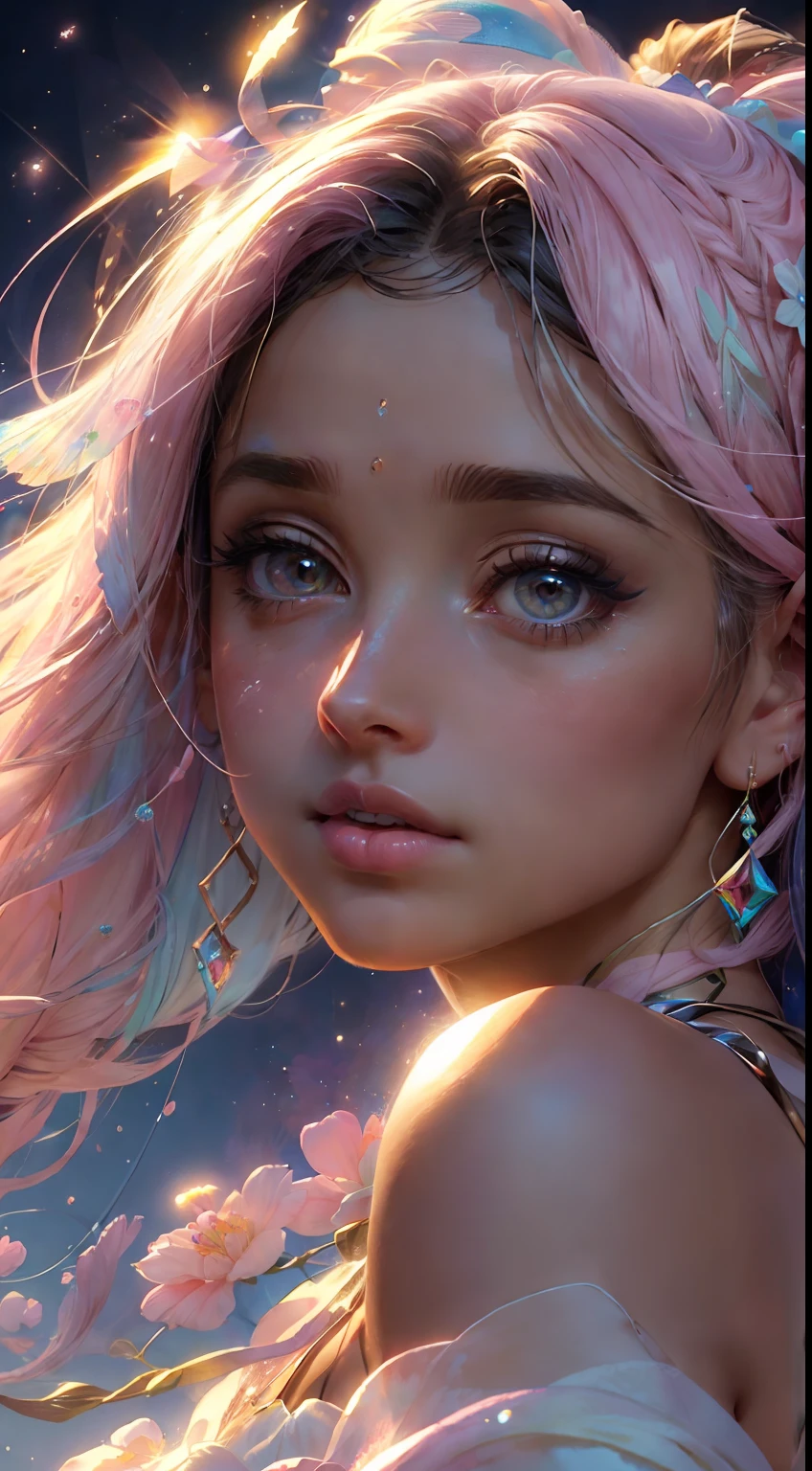 ((masterpiece)). This artwork is sweet, dreamy and ethereal, with ((((soft pink watercolor hues)))) and candy accents. (((The primary color in the foreground and background should be pink.))) Generate a delicate and demure fairy woman exploring a (bubblegum world with a wide variety of pastel shades). Her sweet face is extremely detailed and realistic with mature features and a soft expression, and looks like ((((Naomi Scott)))). Include mature features, and puffy lips and stunning, highly realistic eyes. Her eyes are important and should be realistic, highly detailed, and beautiful. In high definition and detail, include lots of details like stars, galaxies, colorful bubbles, colorful petals, and lots of energy and emotion! The stars and colorful bubblegum bubbles are important! Include fantasy details, enhanced details, iridescence, colorful glittering wind, and pollen. Pay special attention to her face and make sure it is beautifully and realistically detailed. The image should be dreamy and ethereal. 8k, intricate, elegant, highly detailed, majestic, digital photography