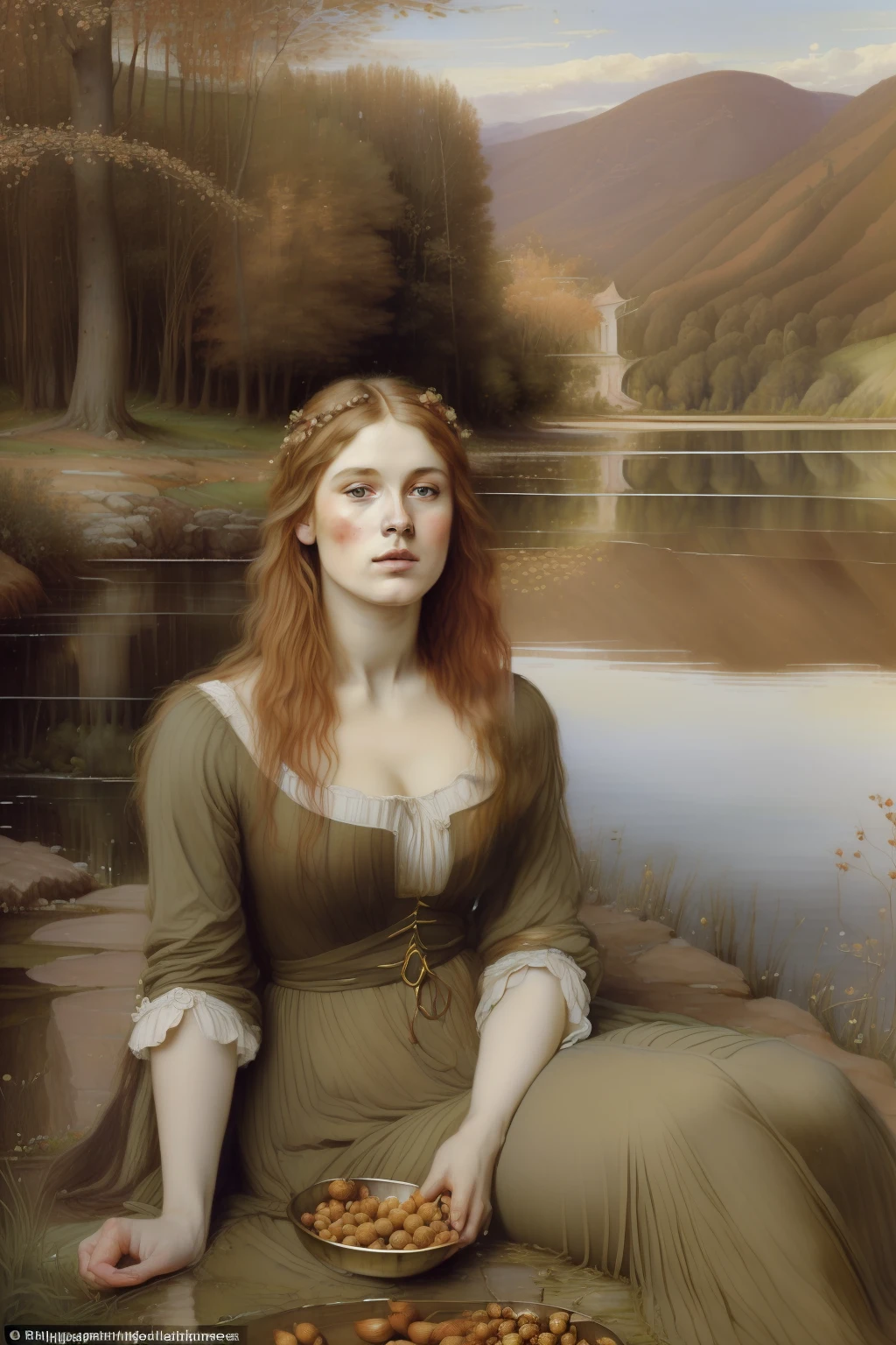 (((Pre-Raphaelite painting of a blonde haired maiden eating hazelnuts, By the lake there is a hazelnut, skip a salmon, paisagem irlandesa, Hazelnuts)))