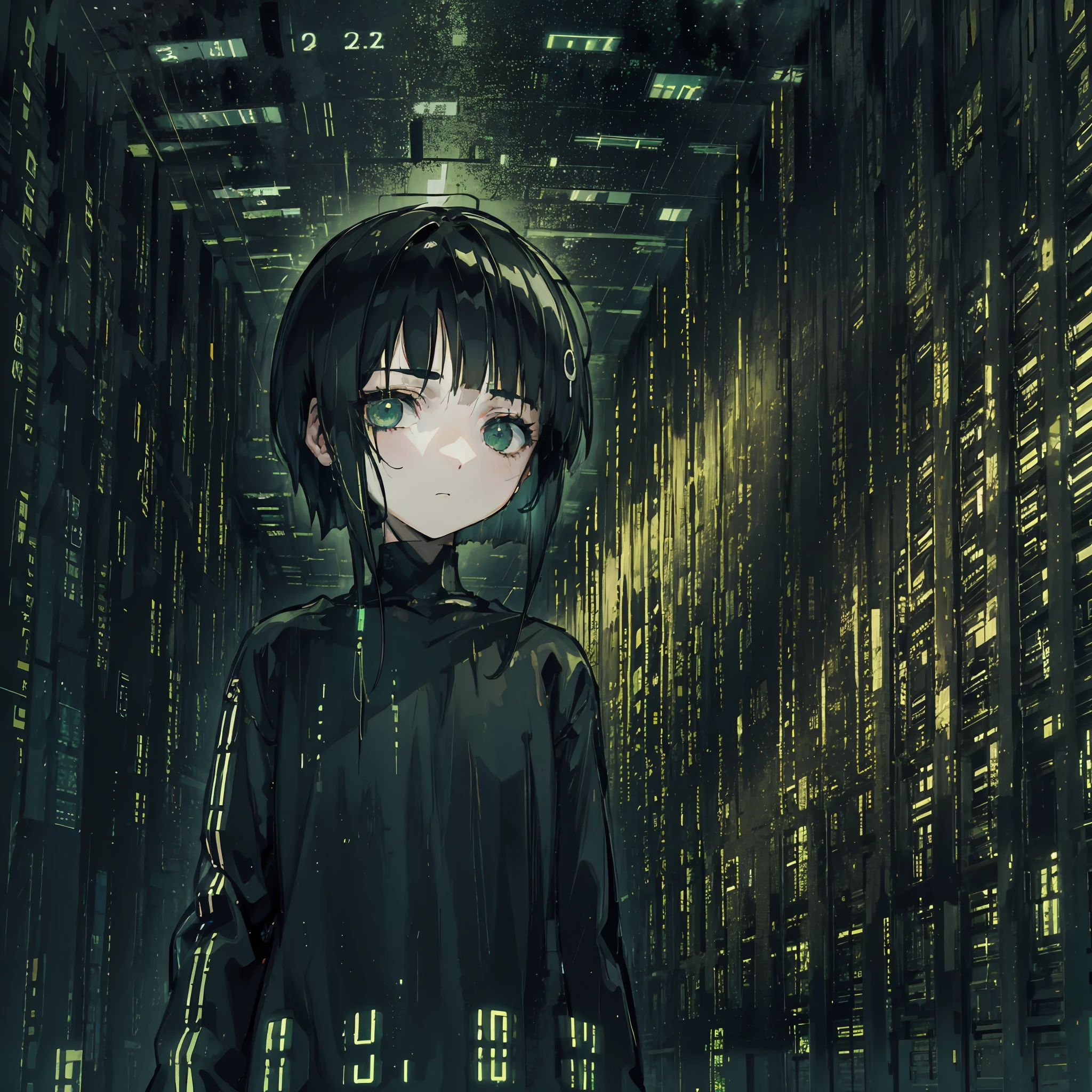 1girl, short black hair, green eyes, lain, serial experiments lain, wearing plain black shirt, data center, cyborg cables, absurdres, high res, ultrasharp, 8k, master piece, looking at viewer, portrait