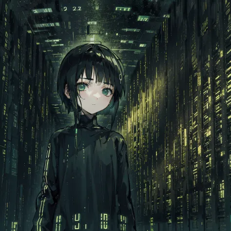 1girl, short black hair, green eyes, lain, serial experiments lain, wearing plain black shirt, data center, cyborg cables, absurdres, high res, ultrasharp, 8k, master piece, looking at viewer, portrait
