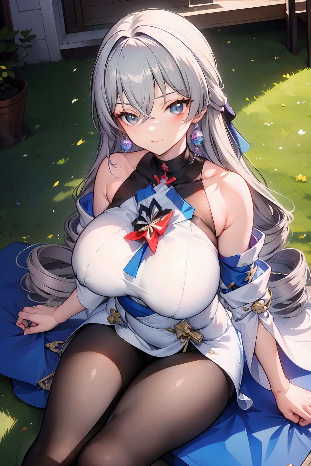 (masterpiece),best quality, expressive eyes, perfect face, 1girl,
big breast, H-cup, good breast, beautiful, gorgeous,anime,girl,lora, 
 nipple visible  though clothes,ph bronya,
1girl,
solo,
earrings,
long hair,
grey hair,
drill hair,
grey eyes,pantyhose,w sitting, w sitting on ground, legs on ground