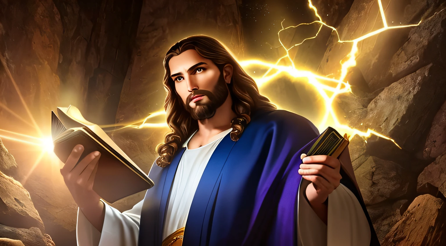 (Alta qualidade: 1.3), Cinematographic shot, obra-prima, (foco nítido: 1.5), (fotorrealista: 1.3), Medium portrait of (Jesus holding a HOLY BIBLE IN A FLASHY SETTING), fundo detalhado, clear lighting, twilight lighting, volumeric lighting, detalhes complexos, UHD,