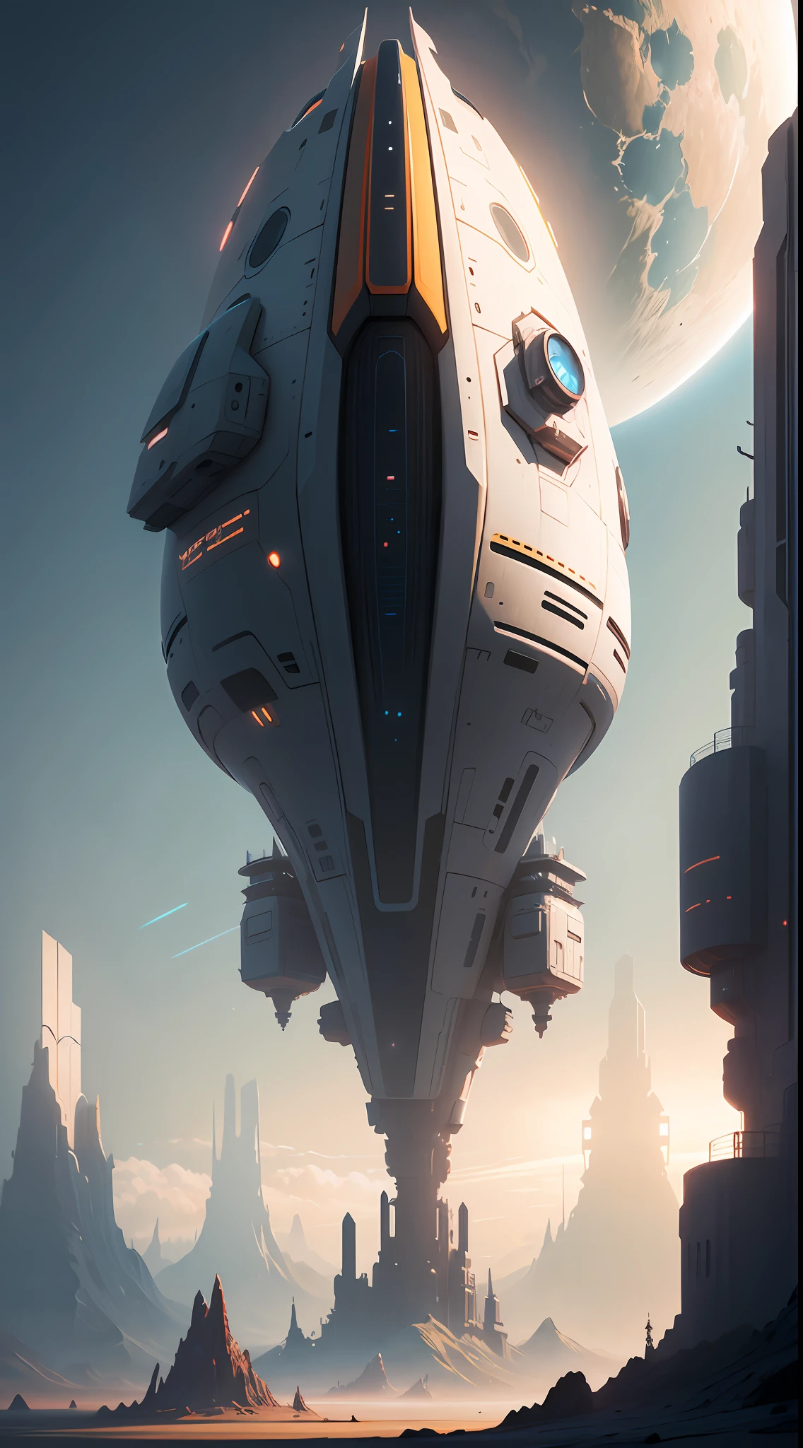una nave espacial futurista flotando en el cielo, una pintura mate de Christopher Balaskas, CGSOCIEDAD, arte espacial, toonami, Ciencia ficción, reinventado por la luz industrial y la magia