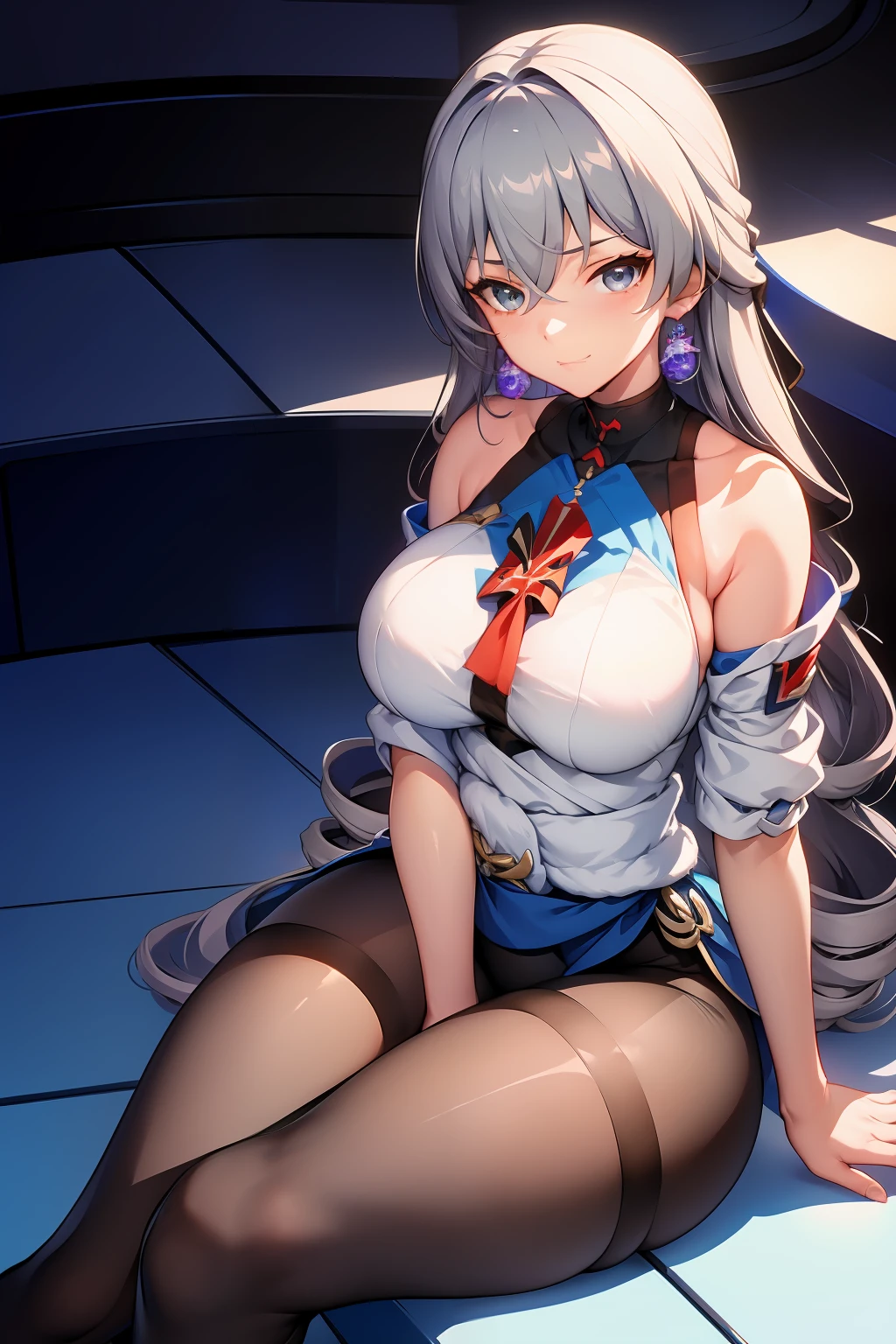 (masterpiece),best quality, expressive eyes, perfect face, 1girl,
big breast, H-cup, good breast, beautiful, gorgeous,anime,girl,lora, 
 nipple visible  though clothes,ph bronya,
1girl,
solo,
earrings,
long hair,
grey hair,
drill hair,
grey eyes,pantyhose,w sitting, w sitting on ground, legs on ground, hands between thighs, arms between legs, both arms between legs,hands between legs