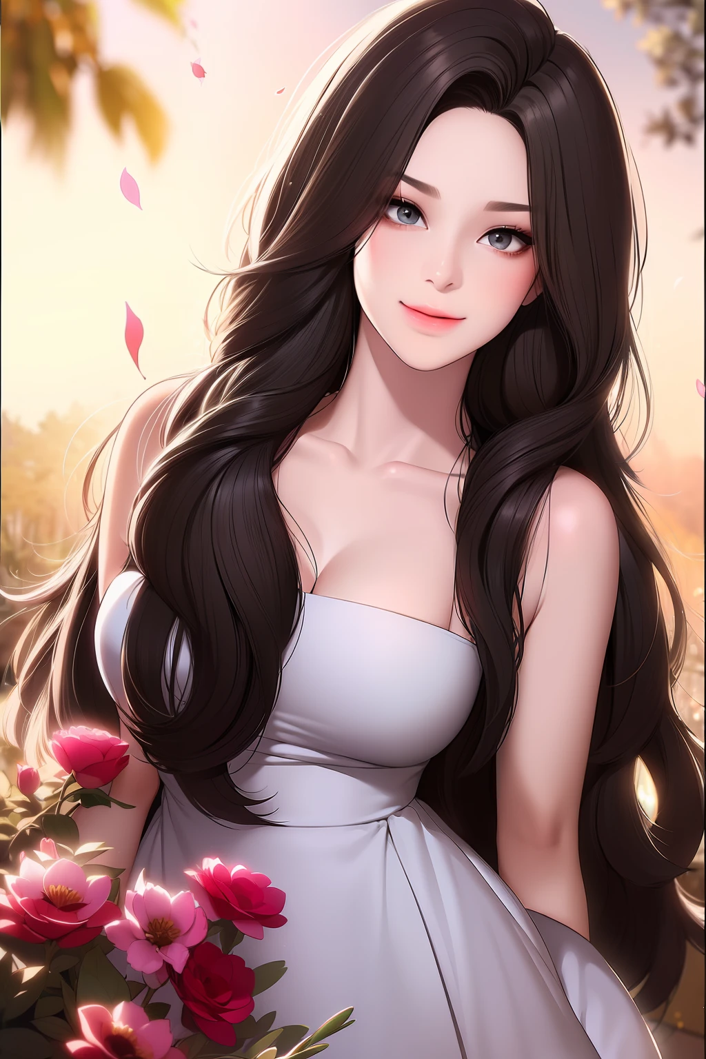 (little girl:1.5),lace,ribbon,hanfu,(masterpiece, sidelighting, finely detailed beautiful gray eyes: 1.2), masterpiece, realistic, glowing eyes,shiny hair,black hair,long long hair, lustrous skin, solo, embarassed,Strapless,exquisite,beautifly,garden,flowers,flying petals,