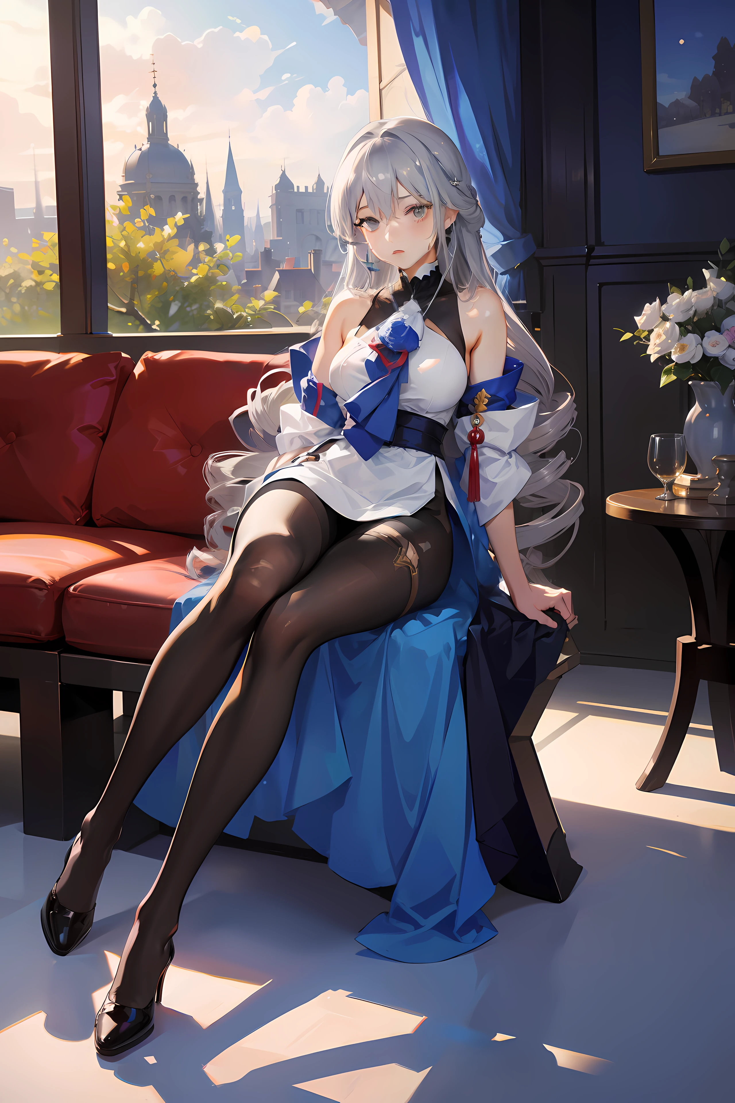 (masterpiece),best quality, expressive eyes, perfect face, 1girl,
big breast, H-cup, good breast, beautiful, gorgeous,anime,girl,lora, 
 nipple visible  though clothes,ph bronya,
1girl,
solo,
earrings,
long hair,
grey hair,
drill hair,
grey eyes,pantyhose,w sitting, w sitting on ground, legs on ground, hands between thighs, arms between legs, both arms between legs,hands between legs