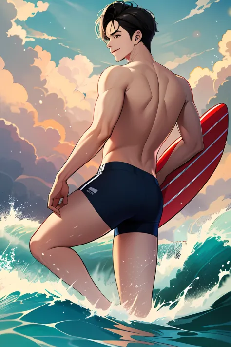 (absurdres, highres, ultra detailed, HDR), masterpiece, best quality, a boy playing surfboard in sea, solo, handsome, short hair, black hair, finely eye and detailed face, white pale skin, bare chest, swim trunks, surf, smirk, sunny sky and cloudy, full bo...