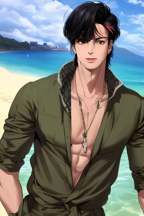 Realistic, (masterpiece, top quality, best quality, official art), very detailed, colorful, most detailed, gods, short hair, black hair, handsome man, sea, necklace, beach, pectorals, abs, beach pants