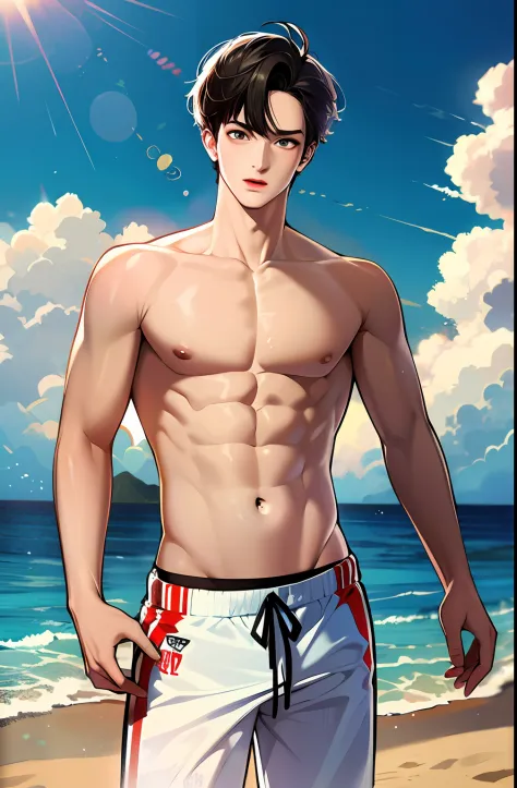 (absurdres, highres, ultra detailed), masterpiece, best quality, a boy topless, short hair, finely eye and detailed face, muscular, beach, casual clothes, sunny sky and cloud,