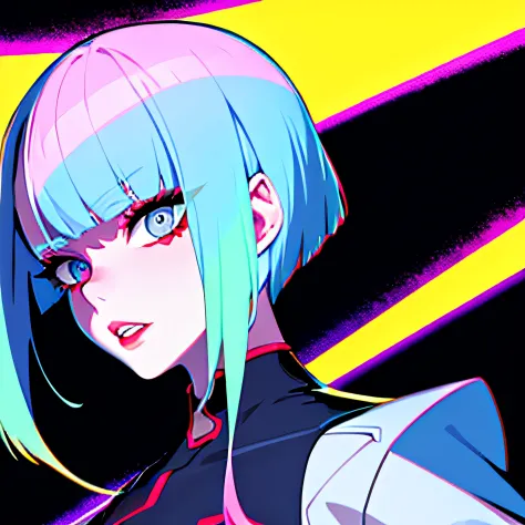 lucy \(cyberpunk\), 1girl, bangs, blue hair, colored tips, grey eyes, jacket, long sleeves, looking at viewer, medium hair, face portrait, multicolored hair, hair flying upwards, parted lips, parted bangs, (crazy eyes), eyes open wide, half face, pink hair...