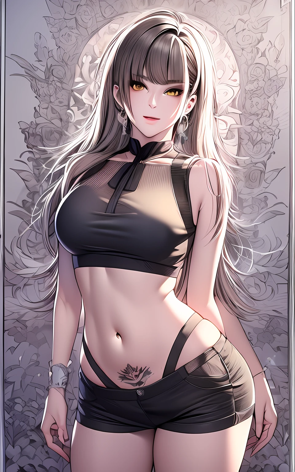 Masterpiece, Short Shorts, Masterpiece, Best Quality, Highres, Dark Persona, Watercolor Painting Theme, (Looking at the Viewer: 1.1), Wide Hips, Big Ass, Standing, Bending Over, Tojou Koneko, Yellow Eyes, White Hair, Short Hair, Hair Ornament, White Shirt, Black Neck Ribbon, Belly Tattoo