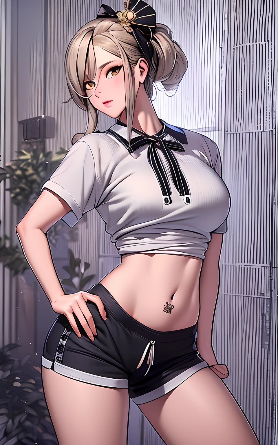 Masterpiece, Short Shorts, Masterpiece, Best Quality, Highres, Dark Persona, Watercolor Painting Theme, (Looking at the Viewer: 1.1), Wide Hips, Big Ass, Standing, Bending Over, Tojou Koneko, Yellow Eyes, White Hair, Short Hair, Hair Ornament, White Shirt, Black Neck Ribbon, Belly Tattoo