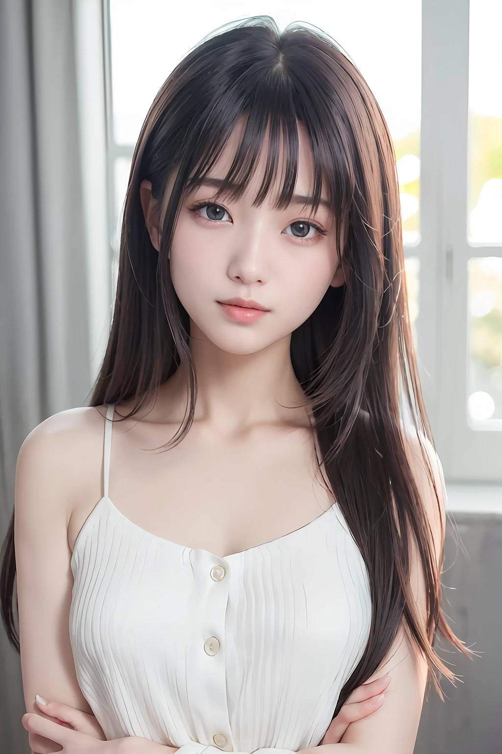 (8K、top-quality、​masterpiece:1.2)、(reallistic、Photorealsitic:1.37)、The ultra-detailed、1 girl、23years old、Medium chest、Beautie、Beautiful and perfect face、Natural smile、solo、holiday、shopping、(Redness of the nose)、(A smile:1.15)、(With mouth closed) 、beautidful eyes、(long:1.2)、Floating hair 、Middle hair、