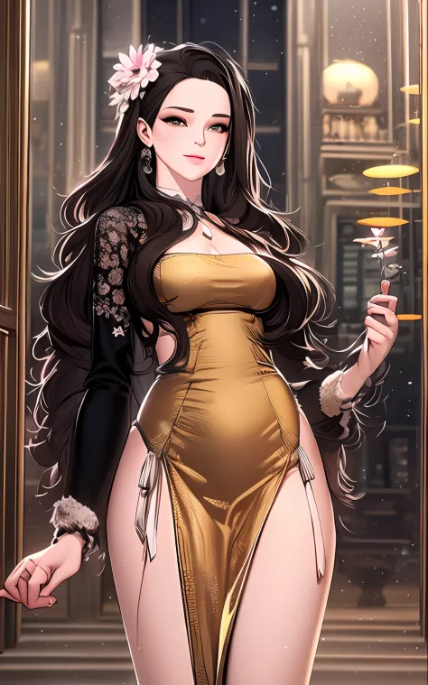 art deco frame,black gold white color scheme,white dominate,star,cosmos,waist up of pink color hair ,long hair,parted hair,long length hair, curly hair,thick front bang,big goldfish made with gold floating around with smoke in graphic style,black modern ha...