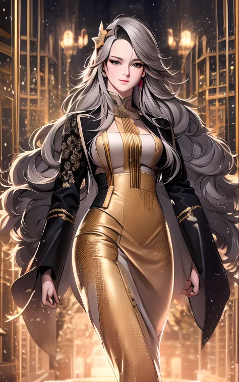 art deco frame,black gold white color scheme,white dominate,star,cosmos,waist up of pink color hair ,long hair,parted hair,long ...