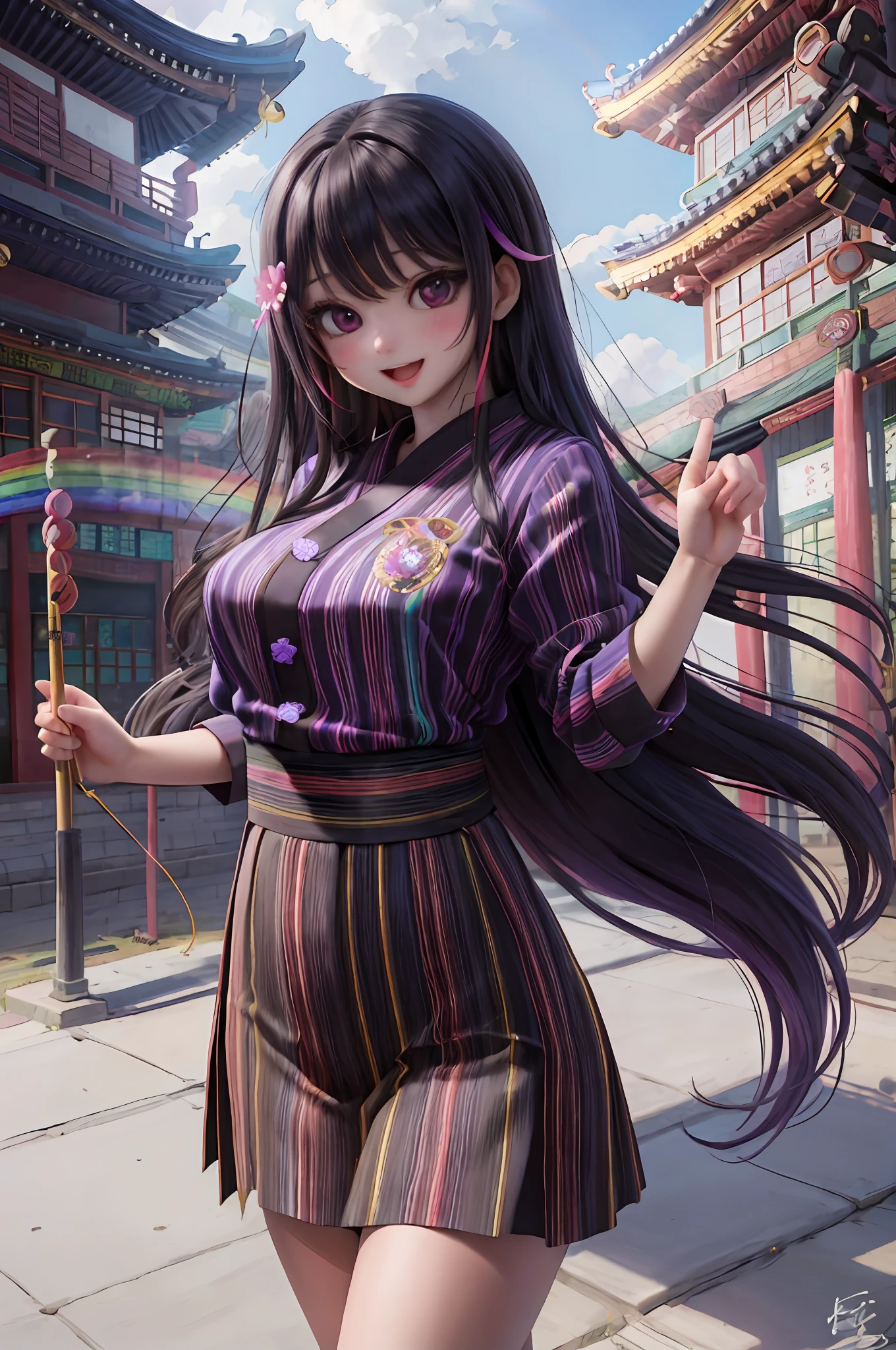 masterpiece,best quality,girl, highly detailed, urban scenery, daytime, single female figure, joyful expression, wearing a striped shirt with rainbow colors, the artist's signature style, Korean girl exploring a traditional temple, captivating black eyes, flowing long hair adorned with purple ornaments