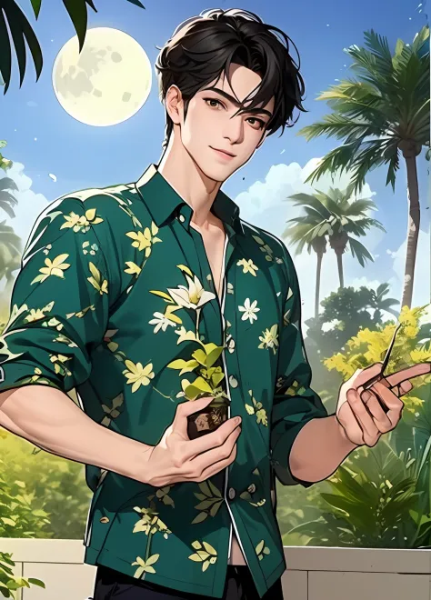 full_moon, leaf, moon, plant, potted_plant, bamboo, 1guy, handsome man, palm_tree, butterfly, bug, water, tanabata, branch, bare...