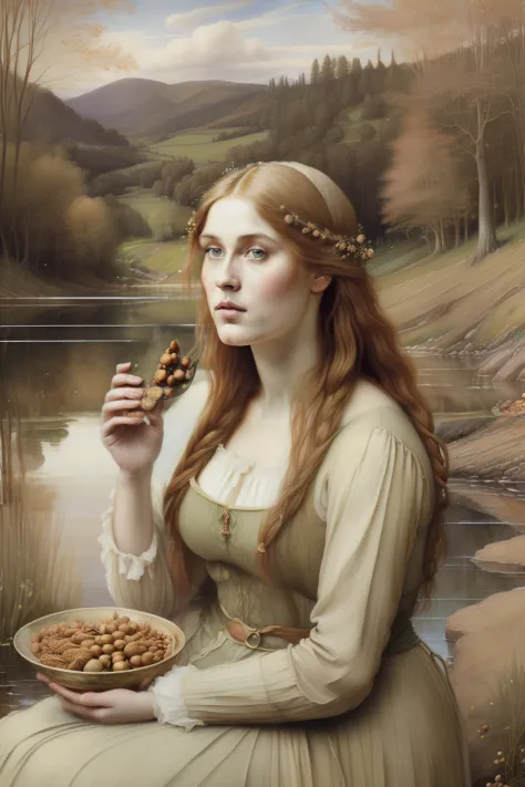 (((pre-raphaelite painting of a blonde maiden eating hazelnuts, by the lake there is a hazelnut, skip a salmon, paisagem irlande...