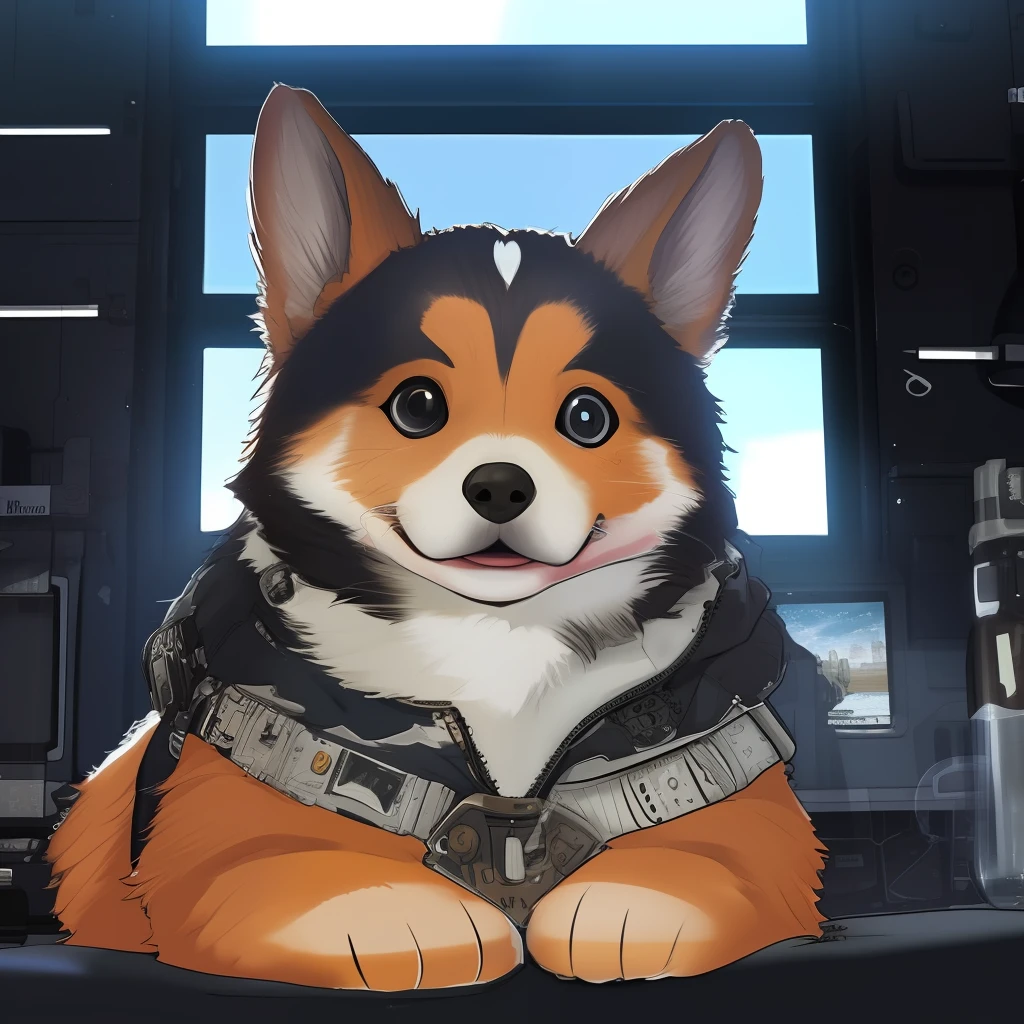 a crisp photograph of a cute cybernetic corgi puppy, (cyborg:1.4), (intricate details), hdr, (intricate details, hyperdetailed:1.2), cinematic shot, centered, stark lighting, looking away from camera, hyperrealism hyperdetailed fur, real dog fur, Fujifilm XT3