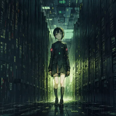 1girl, short black hair, green eyes, lain, serial experiments lain, lain iwakura, wearing plain black shirt, data center, cyborg cables, computer art, console and computer, computer aesthetic, absurdres, high res, ultrasharp, 8k, master piece, looking at v...