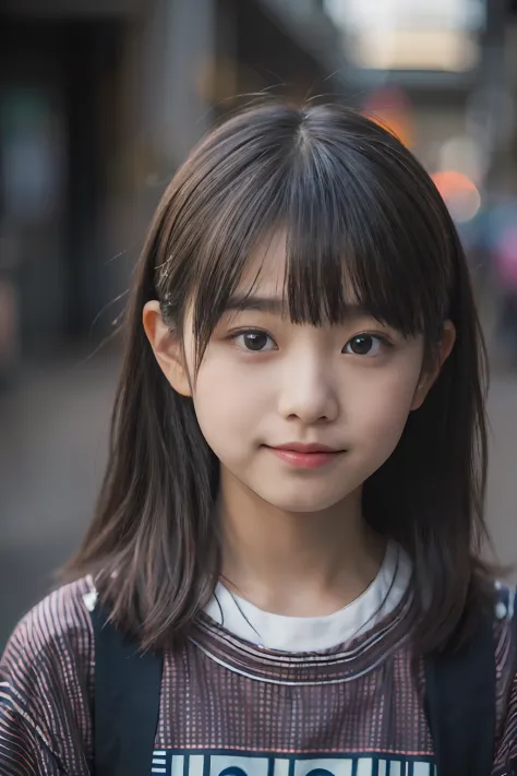(8K、Raw photography、top-quality、masuter piece:1.2)、ultra-detailliert、ultra res、(realisitic、rialistic photo:1.37), (Japan girls at 12 years old, Round face, Bangs:1.3), (japanaese girl:1.2), (early teen:1), (Smile:0.5),