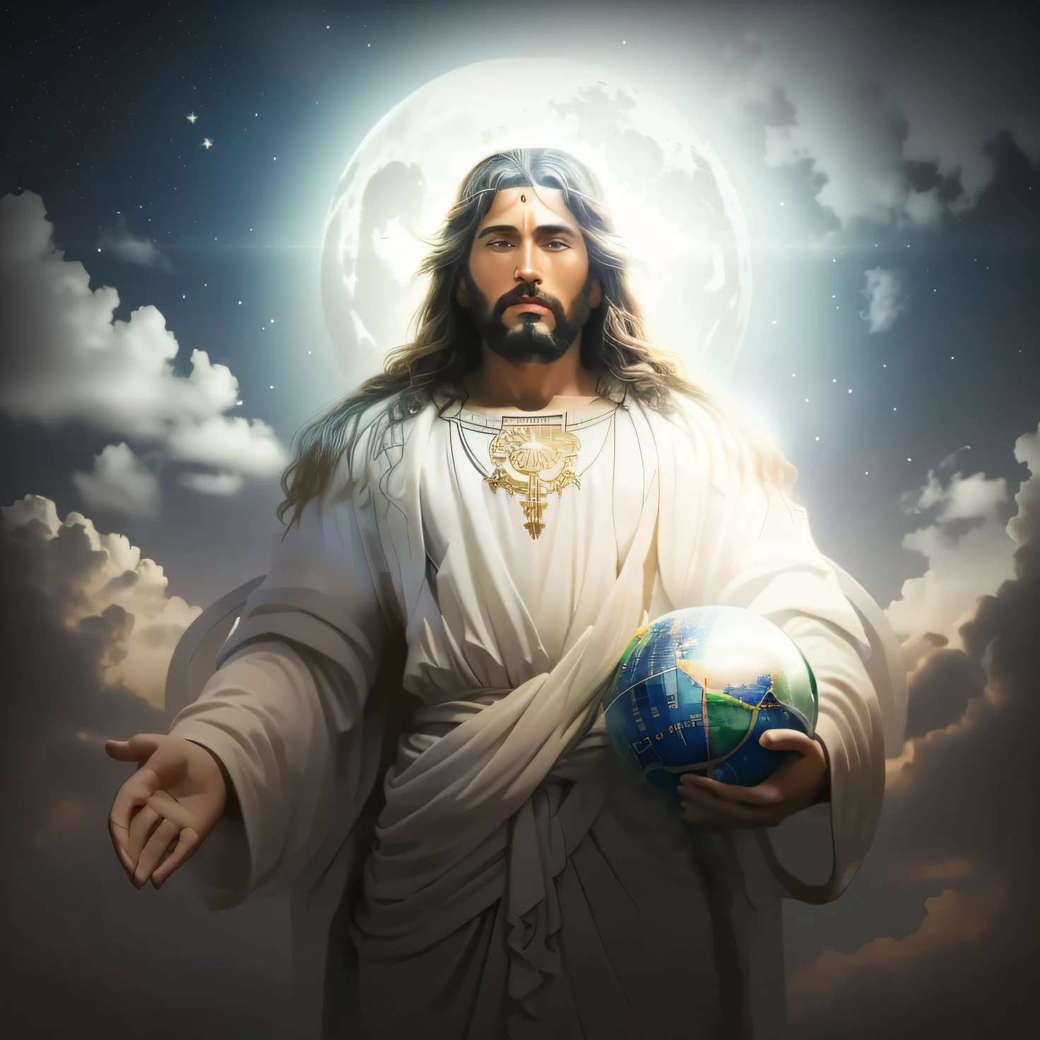 jesus holding a globe in his hands in front of a full moon, jesus christ, young almighty god, second coming, concept art of god, religious imagery, the lord and savior, jesus christ in mass effect, jesus, portrait of jesus christ, god looking at me, the god emperor of mankind, gigachad jesus, portrait of a heavenly god