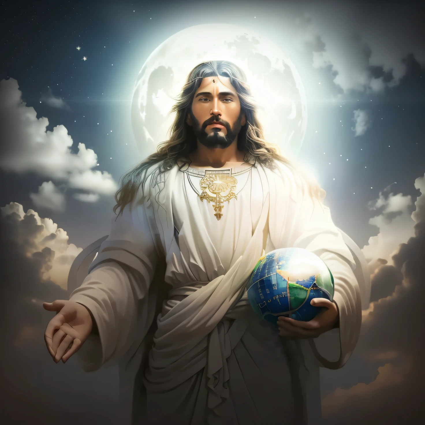 Jesus holding a globe in his hands in front of a full moon, Jesus christ, Junger allmächtiger Gott, Zweites Kommen, Konzeptkunst von Gott, religiöse Bilder, der Herr und Retter, Jesus christ in mass effect, Jesus, portrait of Jesus christ, Gott schaut mich an, der Gottkaiser der Menschheit, gigachad Jesus, Porträt eines himmlischen Gottes