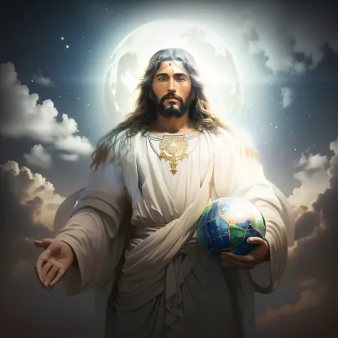 jesus holding a globe in his hands in front of a full moon, jesus christ, young almighty god, second coming, concept art of god,...