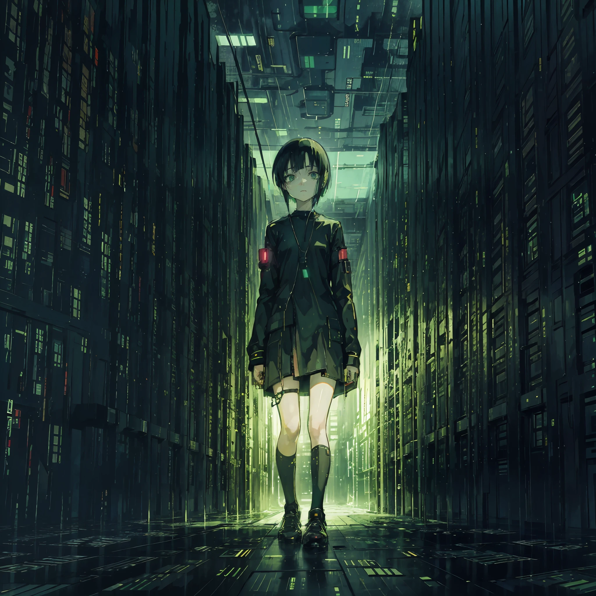 1girl, short black hair, green eyes, lain, serial experiments lain, lain iwakura, wearing plain black shirt, data center, cyborg cables, computer art, console and computer, computer aesthetic, absurdres, high res, ultrasharp, 8k, master piece, looking at viewer, portrait