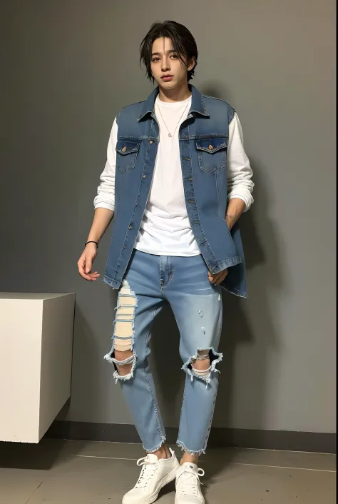 un chico coreano , usando jeans rotos, pantalones rotos, (Pantalones  rasgados) (pantalones rotos), posando para sesión de fotos - SeaArt AI