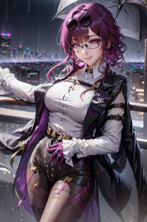 1girll， 独奏， a purple eye， glasses on head， black black jacket， lacepantyhose， white  shirt， 城市， natta， view over city， rain drop...