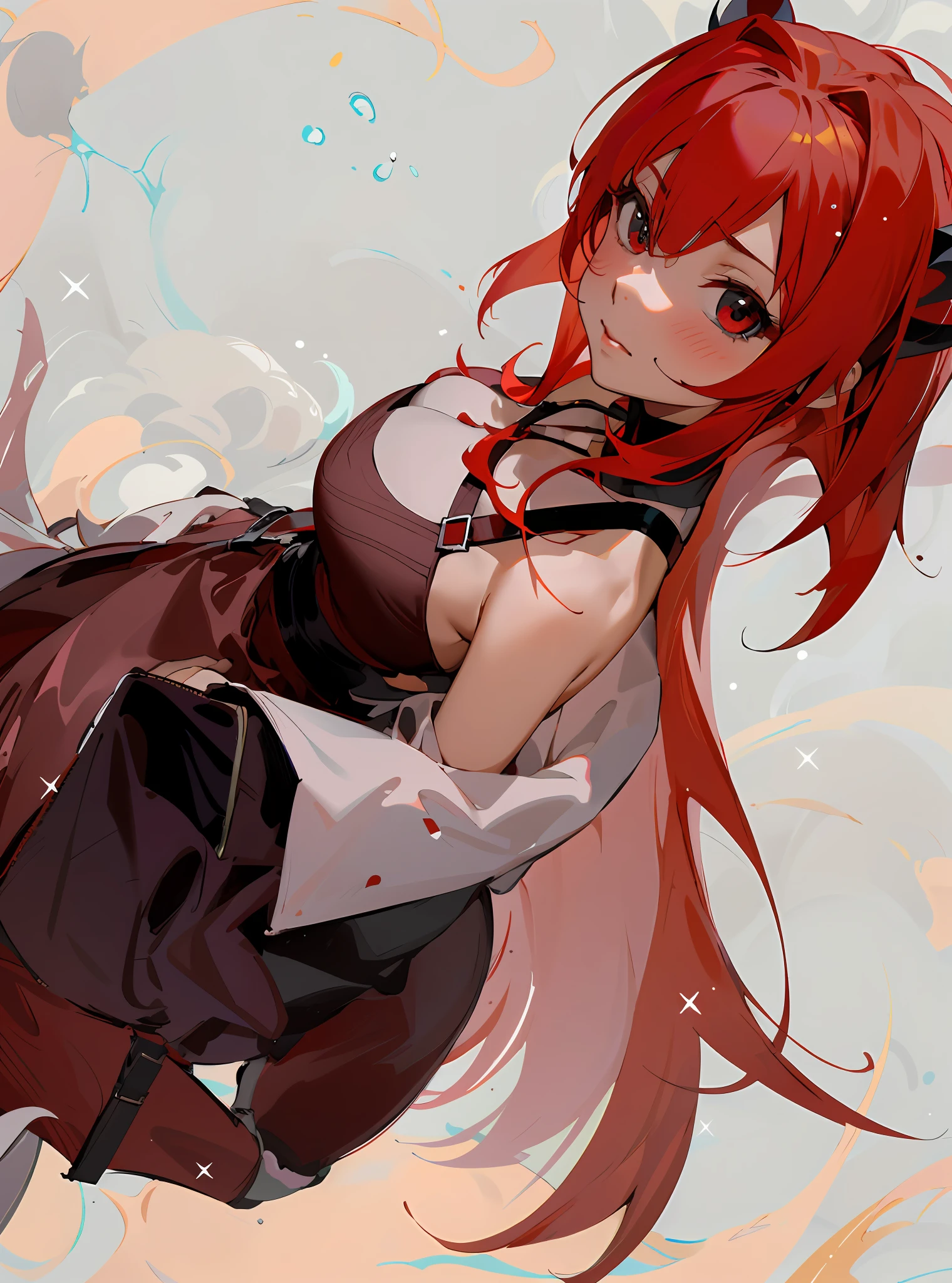 anime girl with red hair and black dress in the air, rias gremory, cute anime waifu in a nice dress, with red hair, red haired goddess, (anime girl), zerochan art, anime goddess, beautiful anime girl, seductive anime girl, she has red hair, digital art on pixiv, beautiful anime woman, made with anime painter studio, Cold face