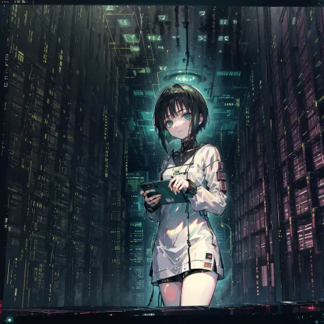 1girl, short black hair, green eyes, lain, serial experiments lain, lain iwakura, wearing plain black shirt, data center, cyborg cables, computer art, console and computer, computer aesthetic, absurdres, high res, ultrasharp, 8k, master piece, looking at v...