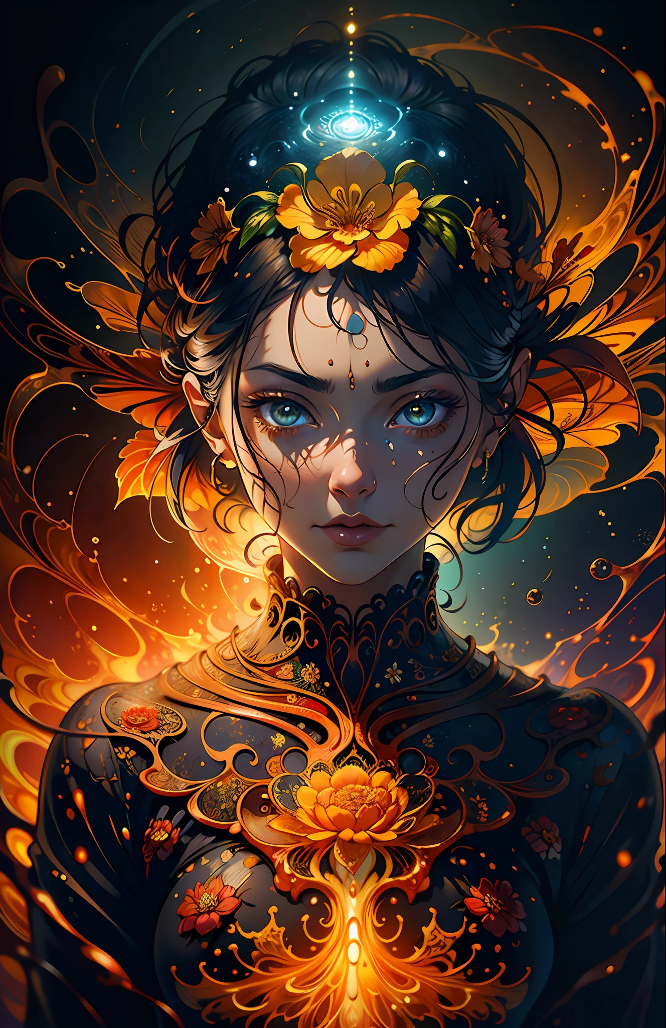 A flower by Casey Weldon, Olga Kvasha, Miho Hirano, hyperdetailed intricately detailed gothic art trending on Artstation triadic colors Unreal Engine 5 detailed matte painting, deep color, fantastical, intricate detail, splash screen, complementary colors, fantasy concept art, 8k resolution, gothic deviantart masterpiece, (dark shot:1.4), art by greg rutkowski and artgerm, soft cinematic light, adobe lightroom, photolab, hdr, intricate, highly detailed, (depth of field:1.4)