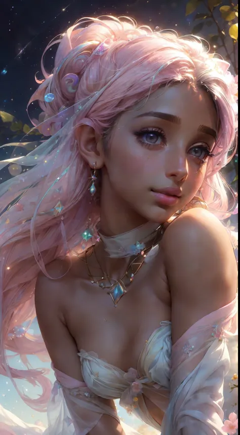 ((masterpiece)). This artwork is sweet, dreamy and ethereal, with ((((soft pink watercolor hues)))) and candy accents. (((The primary color in the foreground and background should be pink.))) Generate a delicate and demure fairy woman exploring a (bubblegu...
