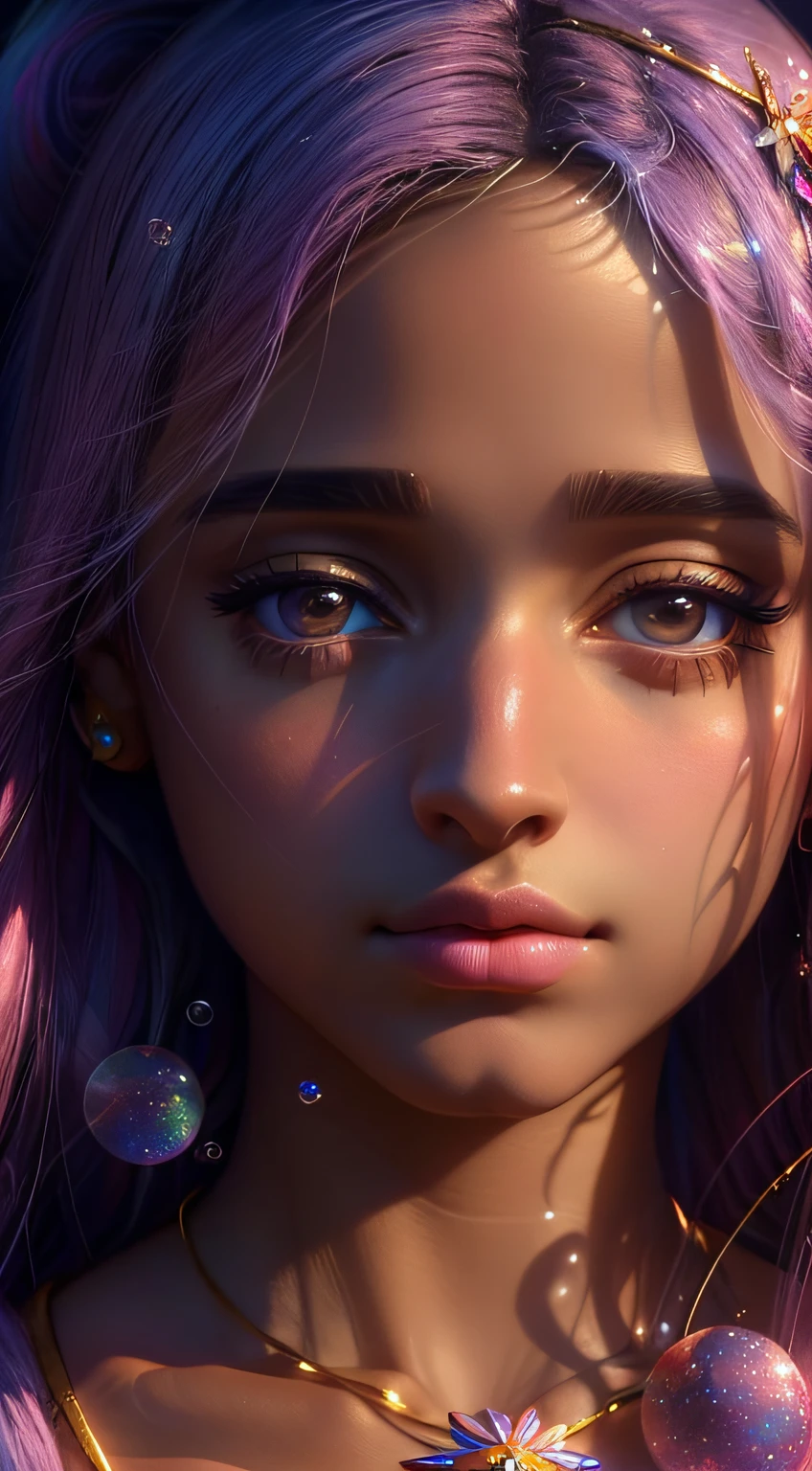 ((masterpiece)). This artwork is sweet, dreamy and ethereal, with soft pink watercolor hues and candy accents. Generate a delicate and demure fae exploring a (bubblegum world with a wide variety of pastel shades). Her sweet face is extremely detailed and realistic with elegant features and a fierce expression, and looks like ((((naomi scott)))). Include mature features and stunning, highly realistic eyes. Her eyes are important and should be realistic, highly detailed, and beautiful. In high definition and detail, include lots of details like stars, galaxies, colorful bubbles, colorful petals, and lots of energy and emotion! The stars and colorful bubblegum bubbles are important! Include fantasy details, enhanced details, iridescence, colorful glittering wind, and pollen. Pay special attention to her face and make sure it is beautifully and realistically detailed. The image should be dreamy and ethereal.8k, intricate, elegant, highly detailed, majestic, digital photography