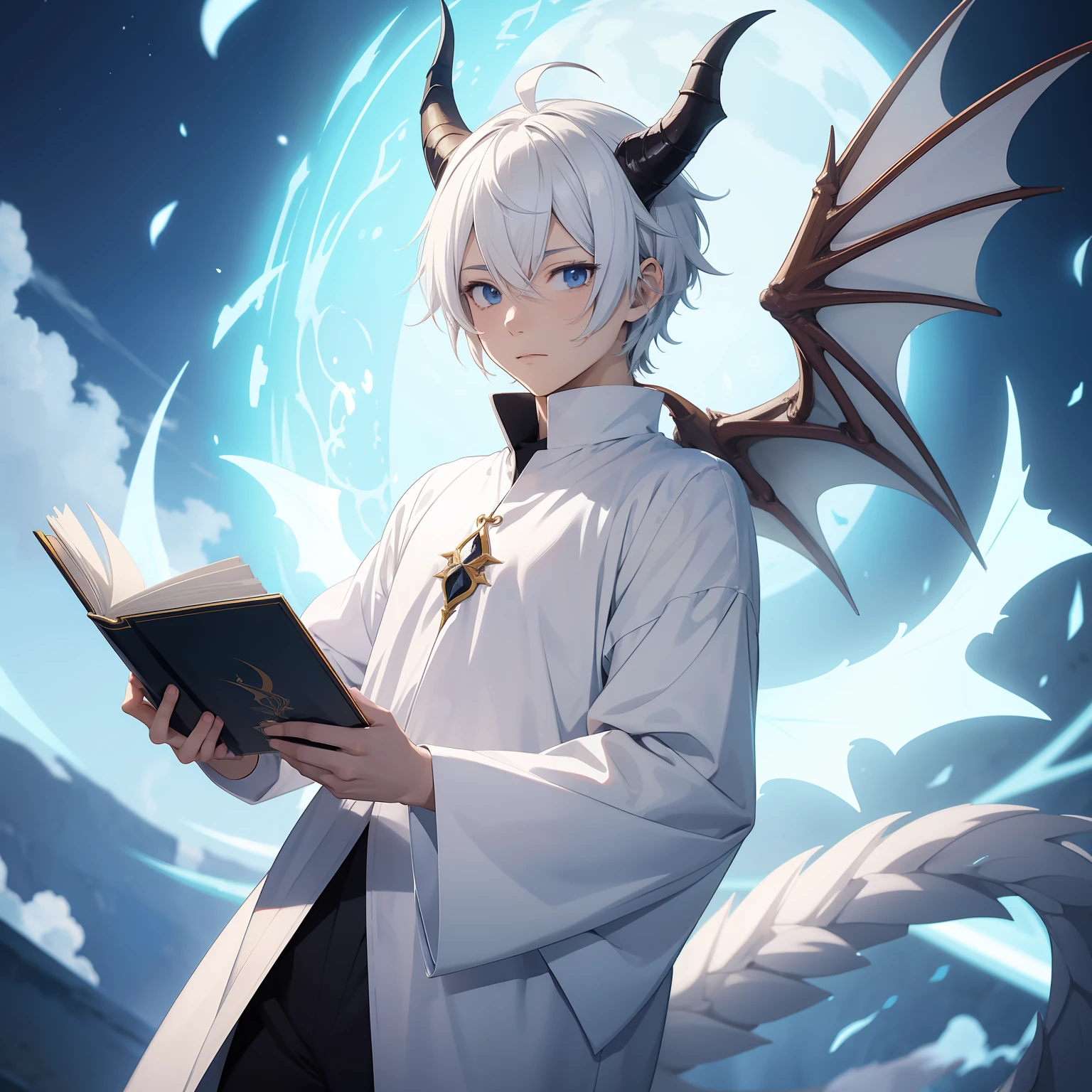 浮かんでいる本を持っている白い魔術師の服を着たアニメの少年, ドラゴンの角, ドラゴンテール, 短い白い髪