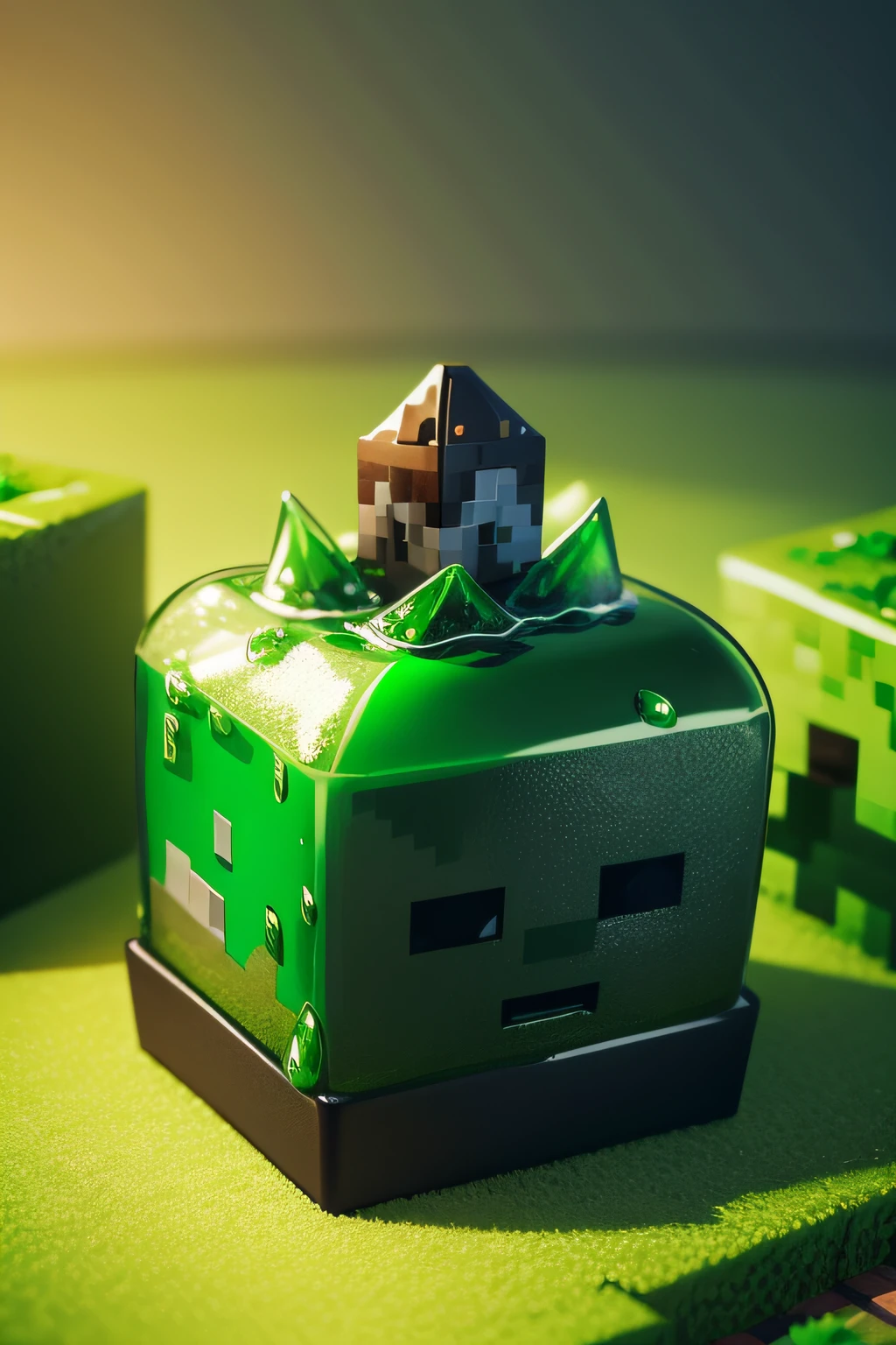 Il y a deux petits blocs minecraft verts posés sur une table - SeaArt AI