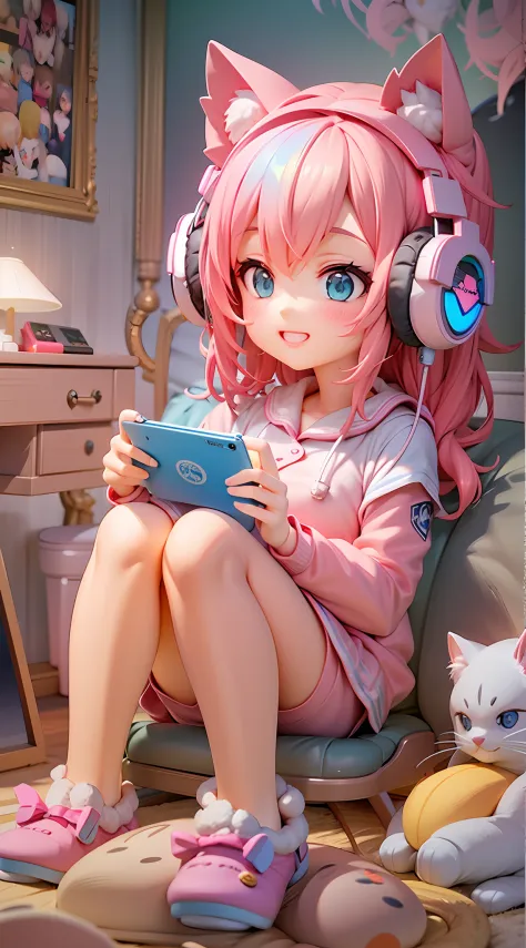 1girl, beautiful eye, smile, gaming girl, cheerful expression, fluffy pink hair, long and wavy, twinkling blue eyes, pink pajamas, cute cat ear headphones in pastel colors, cross-legged pose, playing a handheld game console, a soft and fluffy room backgrou...