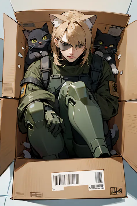 masterpiece,solo, cat dressed like snake from metal gear solid, in_box, with an eye patch
