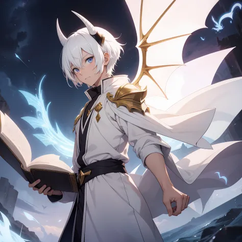 a anime boy wearing white sorcerer clothes holding a floating book with dragon horns and dragon wings , short white hair