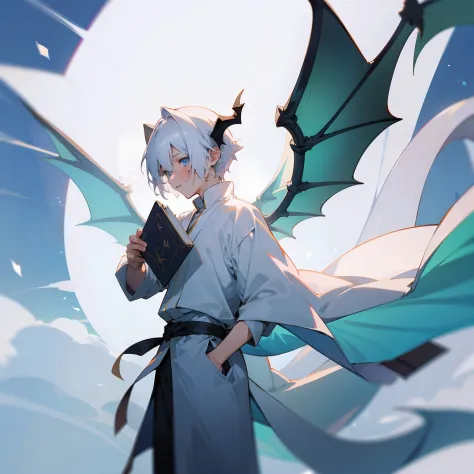 a anime boy wearing white sorcerer clothes holding a floating book with dragon horns and dragon wings , short white hair