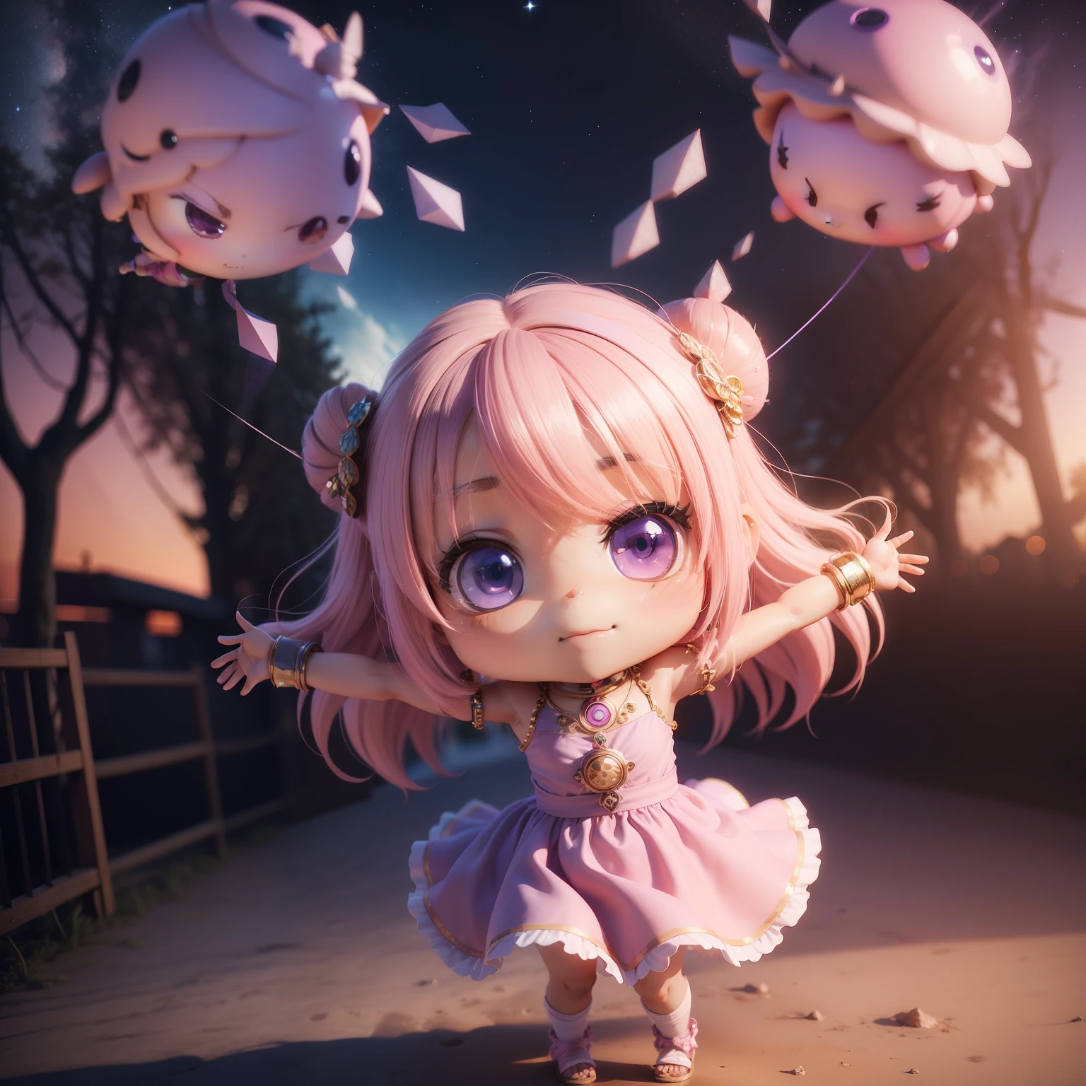 (((chibi3d)))Cute and beautiful Chibi anime girl/Baby Pink's Straight Hair,Blue-violet eyes,Wearing an Indian style summer dress,A huge fruit parfait rests on its head,Arms outstretched,Dynamic shots of the face,Cute smile,intergalactic,Meteor swarm,